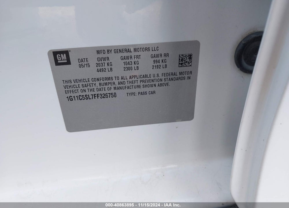 2015 CHEVROLET MALIBU 1LT VIN: 1G11C5SL7FF326750