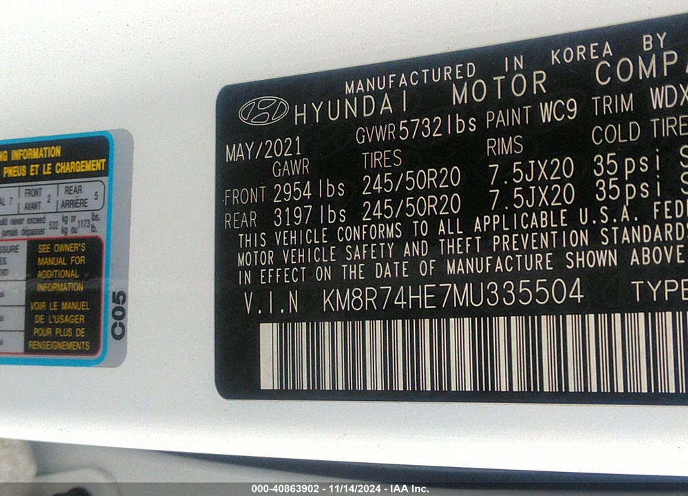2021 HYUNDAI PALISADE VIN: KM8R74HE7MU335504