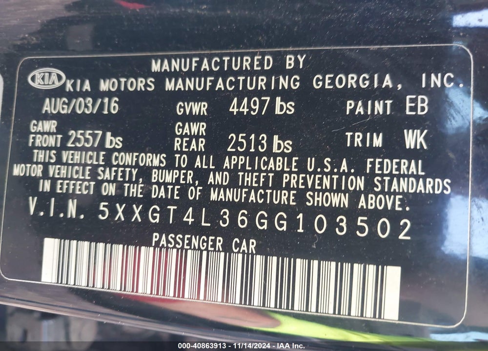 2016 KIA OPTIMA LX VIN: 5XXGT4L36GG103502