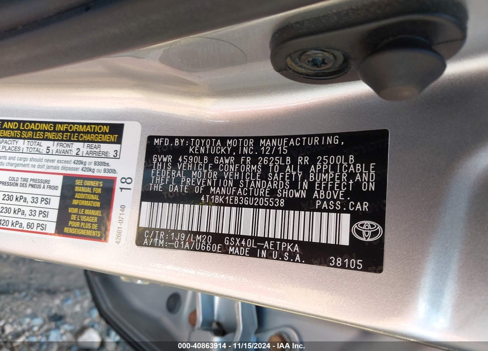 2016 TOYOTA AVALON LIMITED VIN: 4T1BK1EB3GU205538