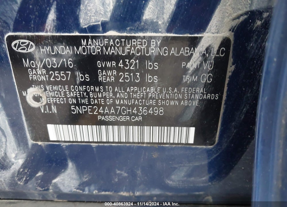 2016 HYUNDAI SONATA ECO VIN: 5NPE24AA7GH436498