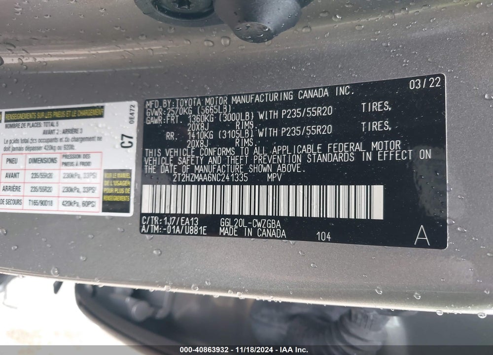 2022 LEXUS RX 350 VIN: 2T2HZMAA6NC241335