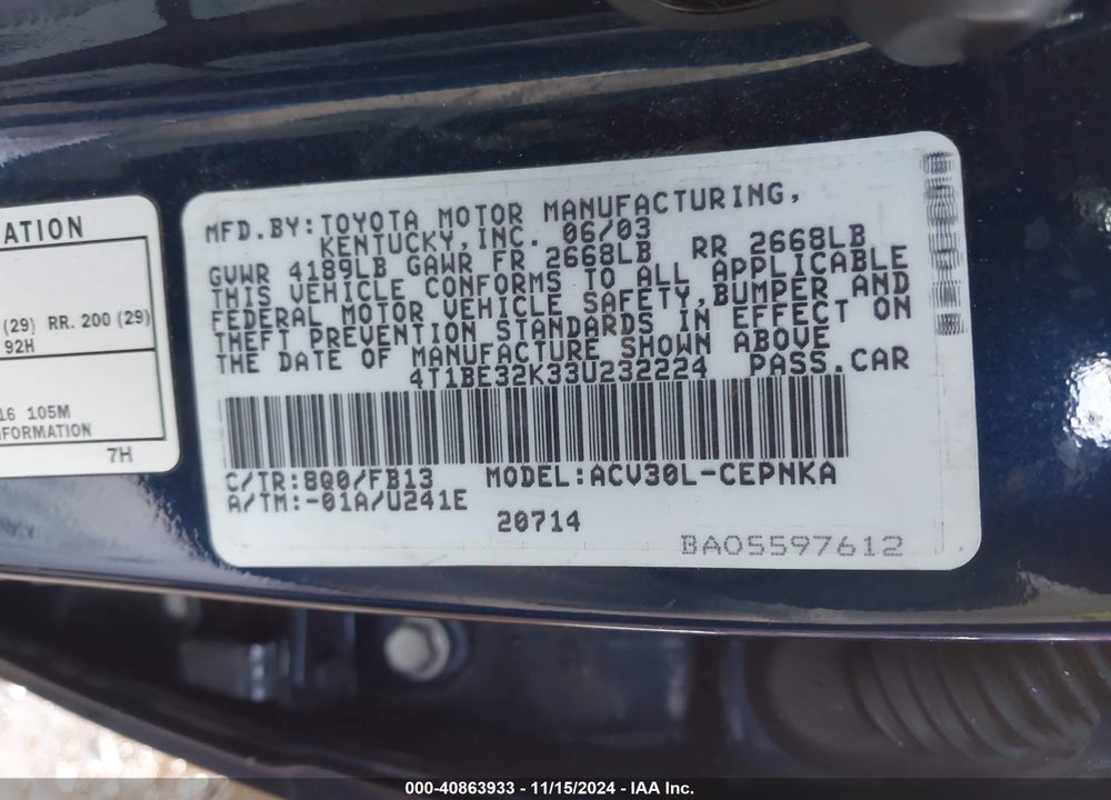2003 TOYOTA CAMRY LE VIN: 4T1BE32K33U232224