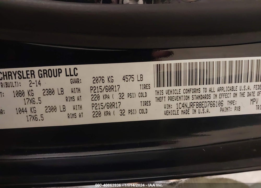 2014 JEEP PATRIOT LATITUDE VIN: 1C4NJRFB8ED766106