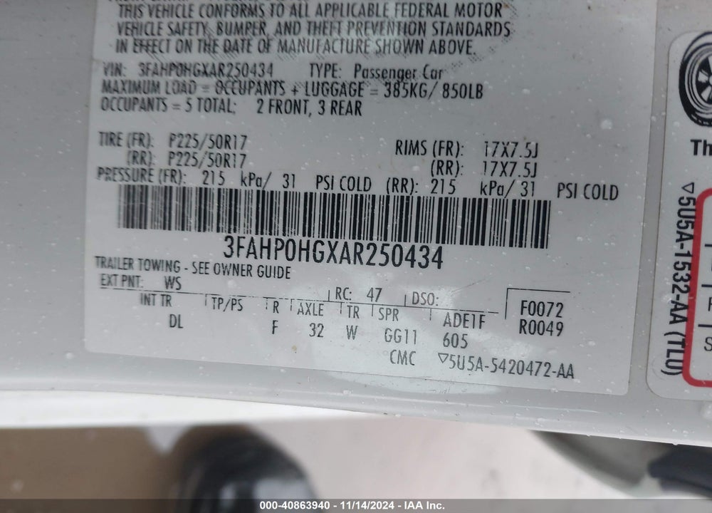 2010 FORD FUSION SE VIN: 3FAHP0HGXAR250434
