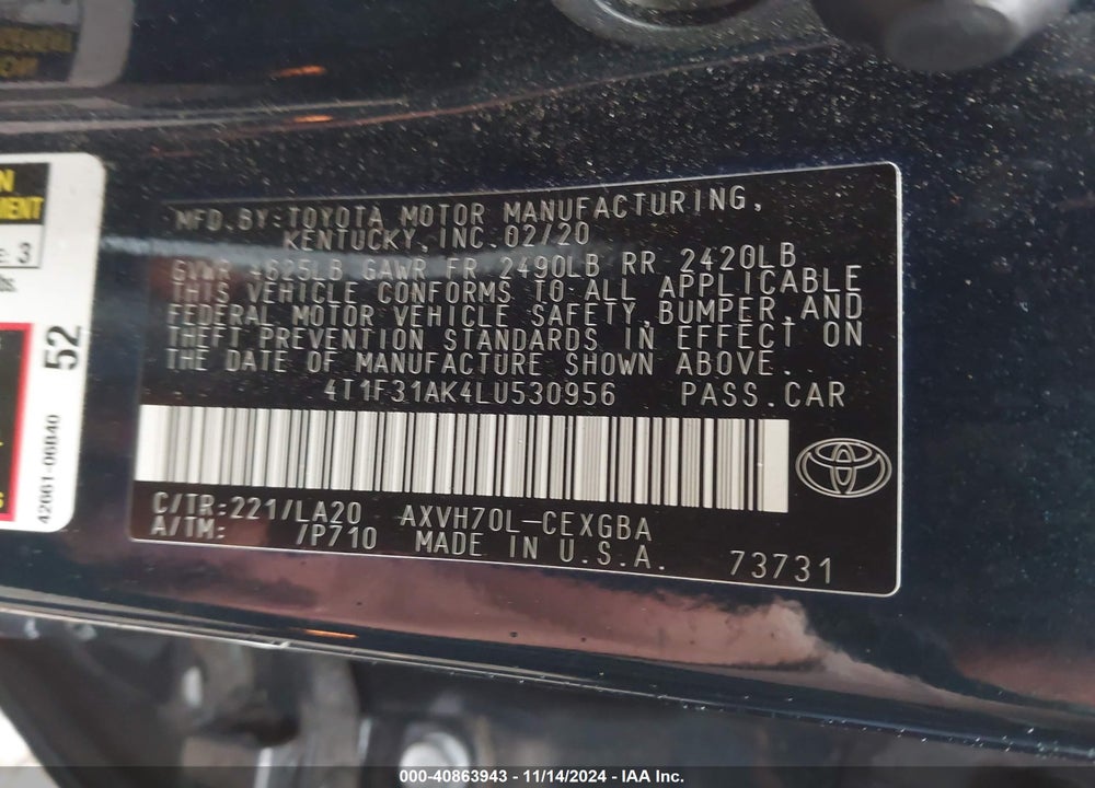 2020 TOYOTA CAMRY XLE HYBRID VIN: 4T1F31AK4LU530956