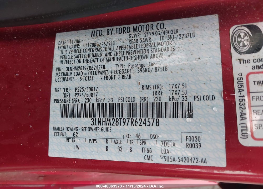 2007 LINCOLN MKZ VIN: 3LNHM28T97R624578