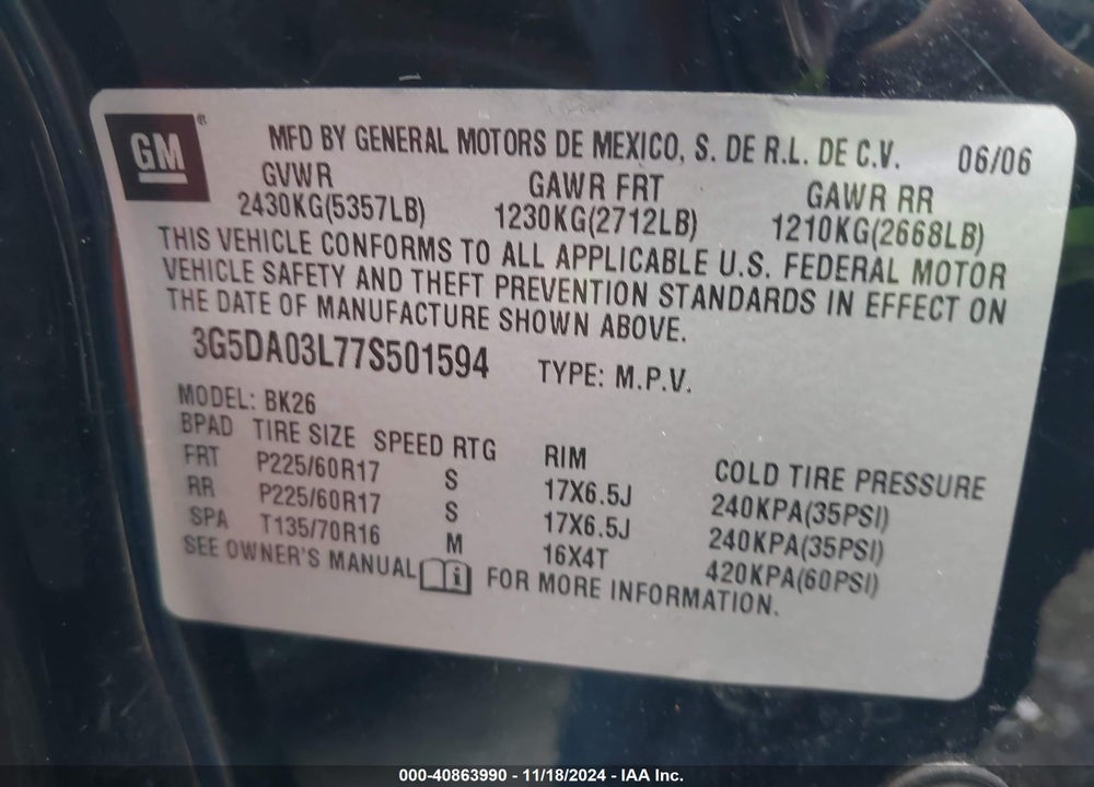2007 BUICK RENDEZVOUS CX VIN: 3G5DA03L77S501594
