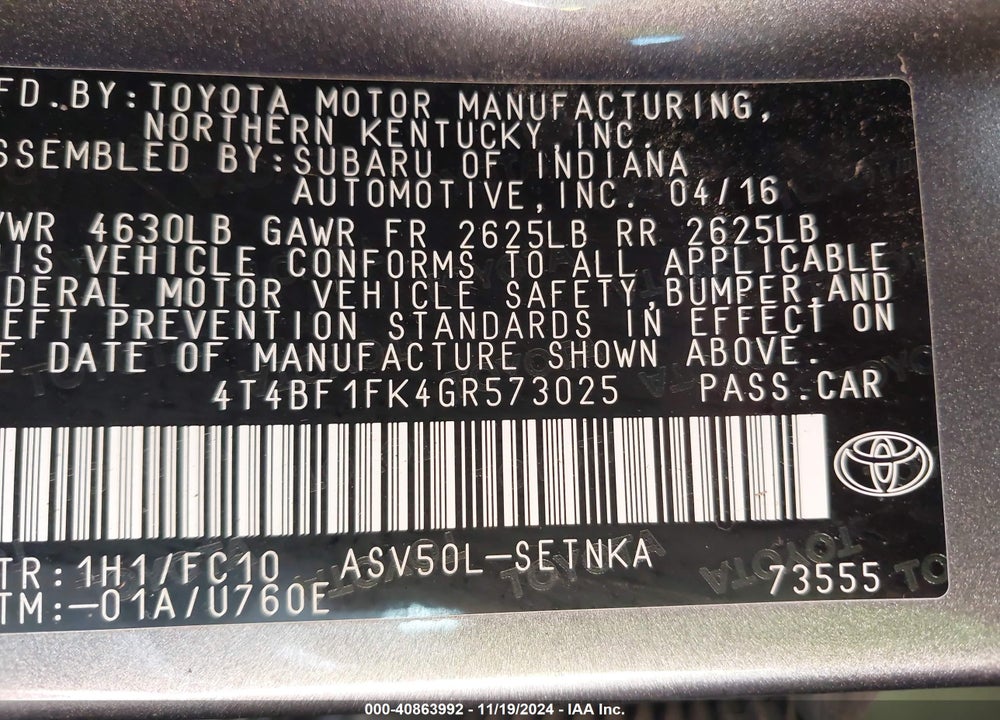 2016 TOYOTA CAMRY LE VIN: 4T4BF1FK4GR573025
