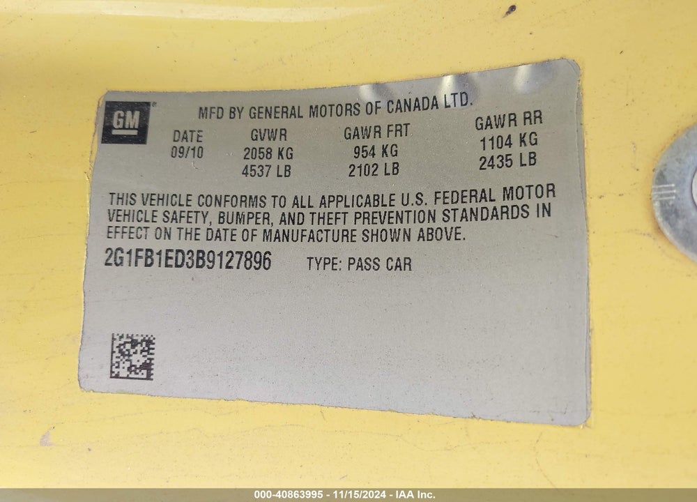 2011 CHEVROLET CAMARO 1LT VIN: 2G1FB1ED3B9127896