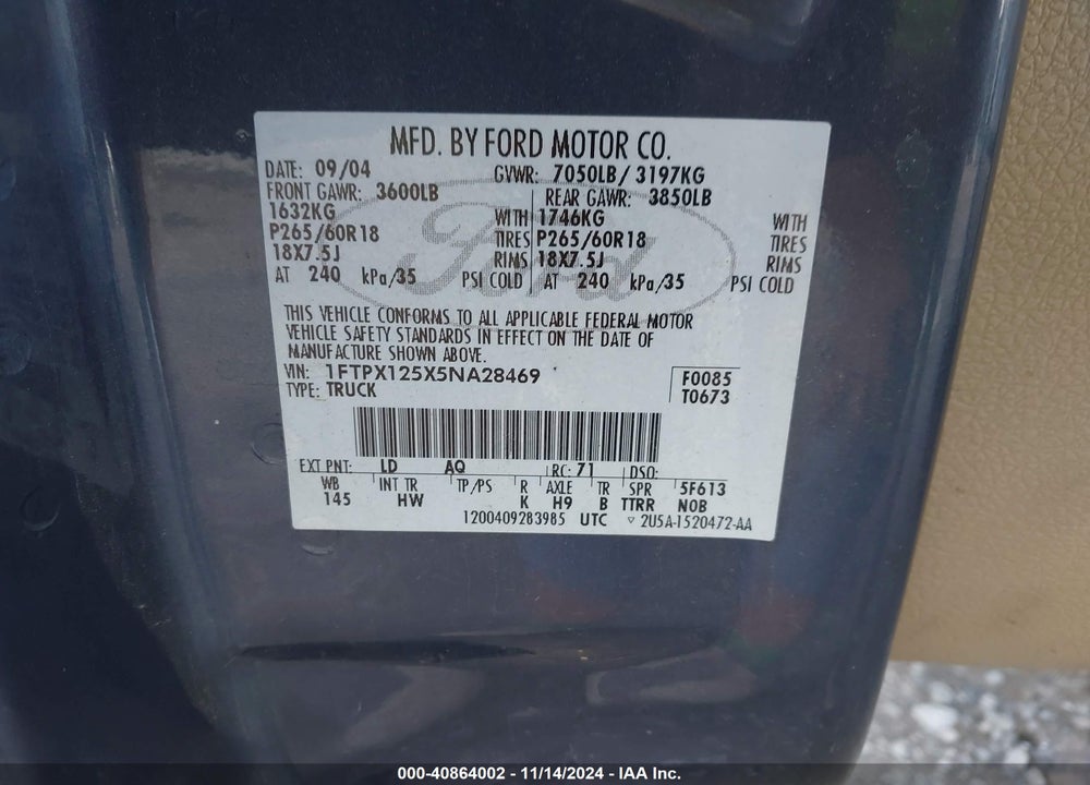 2005 FORD F-150 LARIAT/XL/XLT VIN: 1FTPX125X5NA28469