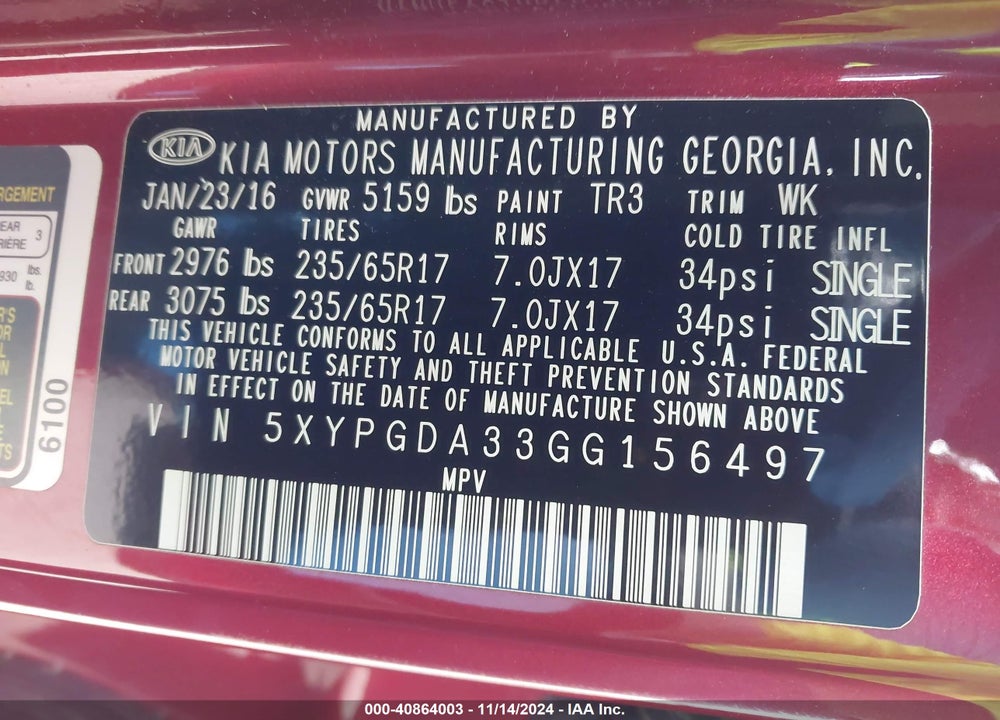 2016 KIA SORENTO 2.4L LX VIN: 5XYPGDA33GG156497