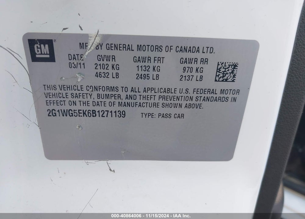 2011 CHEVROLET IMPALA LT VIN: 2G1WG5EK6B1271139