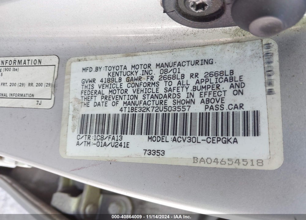 2002 TOYOTA CAMRY XLE VIN: 4T1BE32K72U503557
