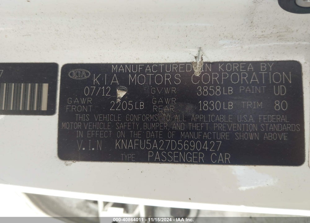 2013 KIA FORTE EX VIN: KNAFU5A27D5690427