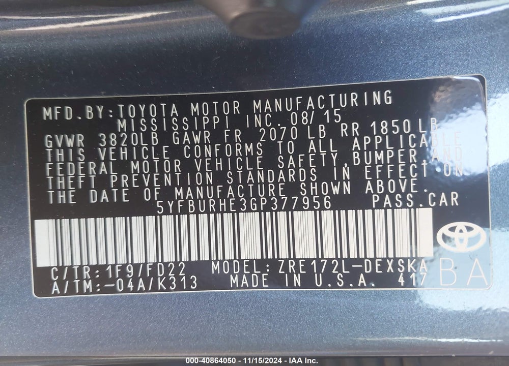 2016 TOYOTA COROLLA S PLUS VIN: 5YFBURHE3GP377956