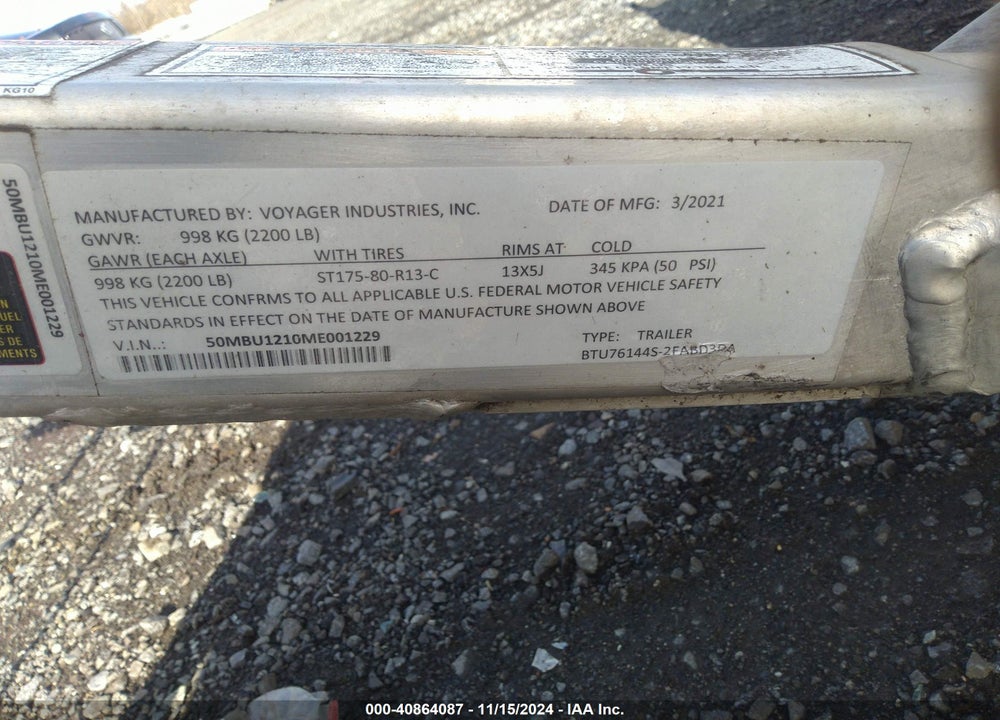 2021 BEAR TRAILER VIN: 50MBU1210ME001229