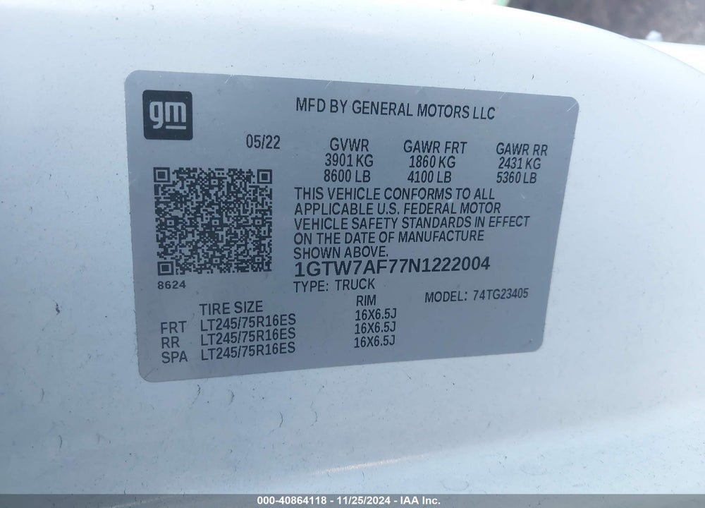 2022 GMC SAVANA CARGO RWD 2500 REGULAR WHEELBASE WORK VAN VIN: 1GTW7AF77N1222004