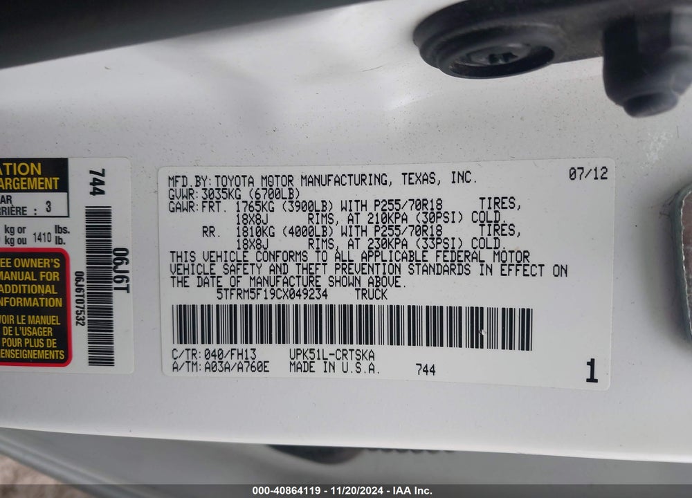 2012 TOYOTA TUNDRA VIN: 5TFRM5F19CX049234