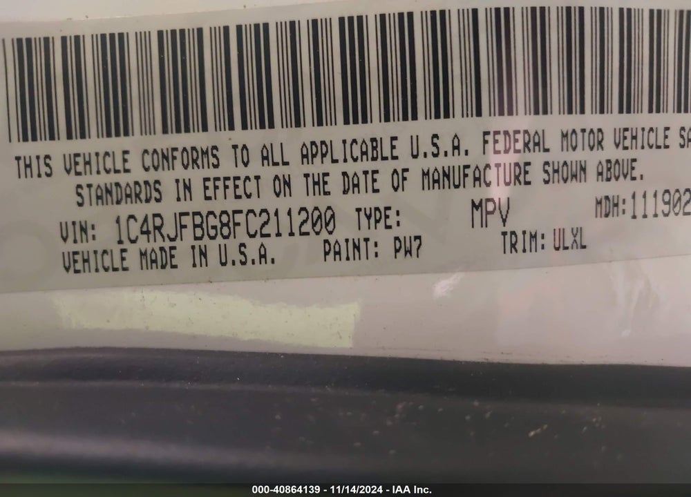 2015 JEEP GRAND CHEROKEE VIN: 1C4RJFBG8FC211200