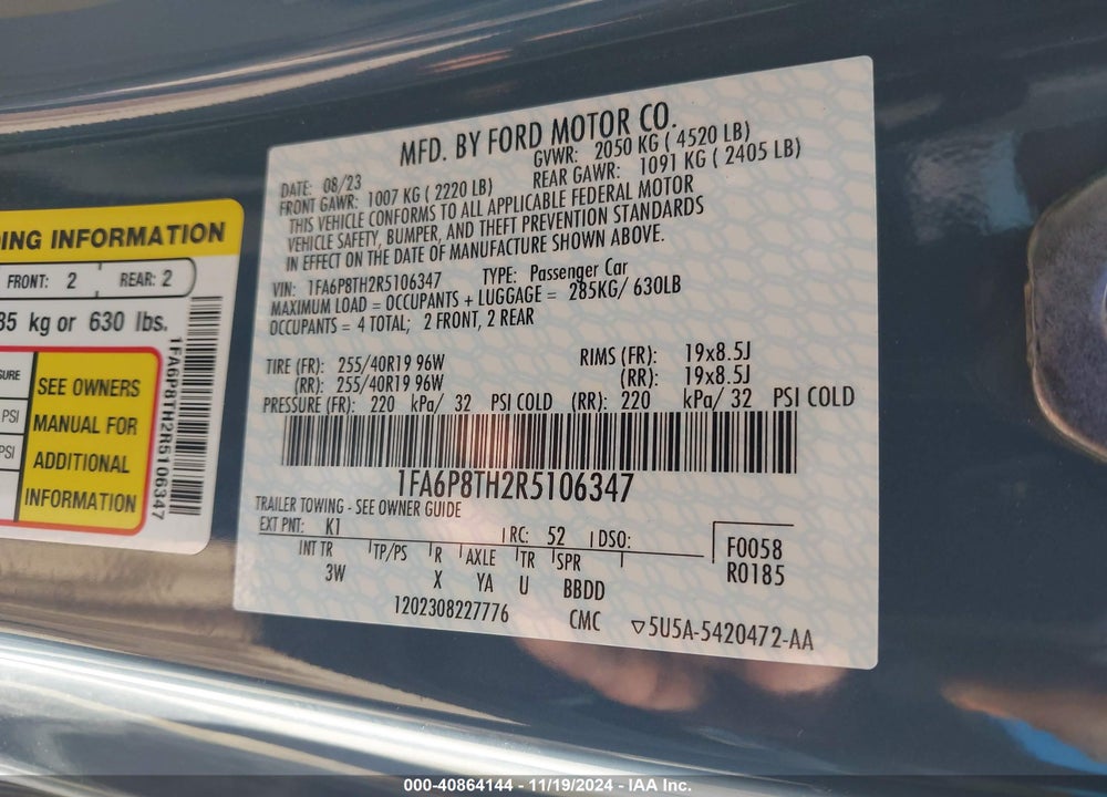 2024 FORD MUSTANG ECOBOOST PREMIUM VIN: 1FA6P8TH2R5106347