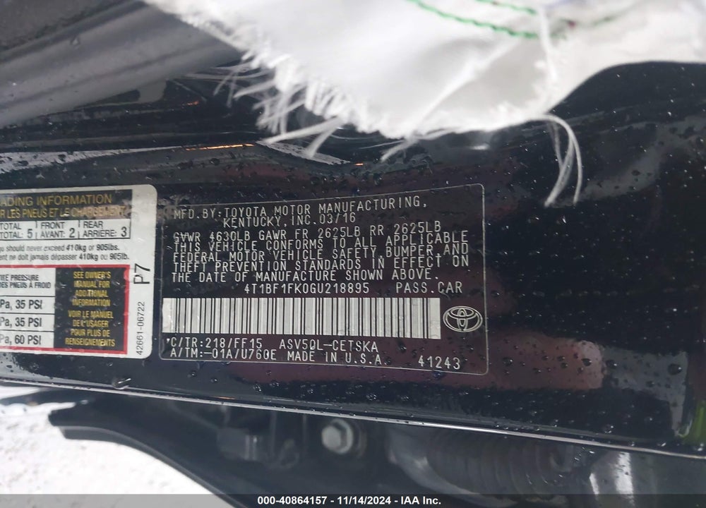 2016 TOYOTA CAMRY SE VIN: 4T1BF1FK0GU218895