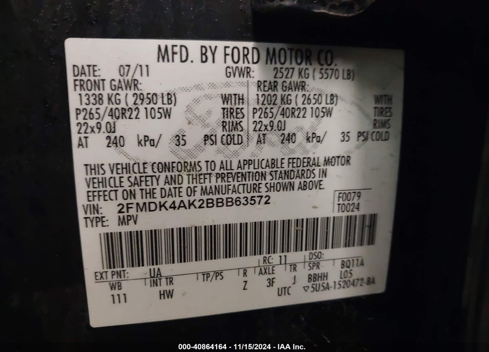 2011 FORD EDGE VIN: 2FMDK4AK2BBB63572