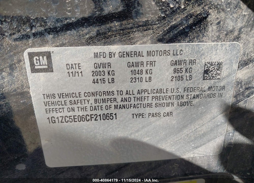 2012 CHEVROLET MALIBU VIN: 1G1ZC5E06CF210651