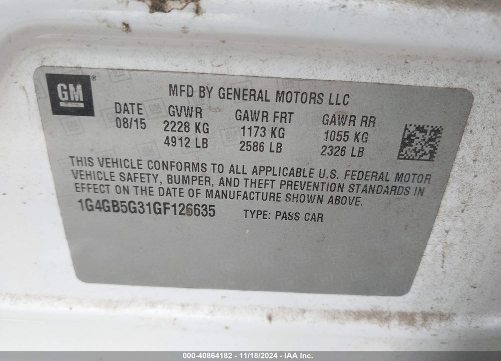 2016 BUICK LACROSSE LEATHER VIN: 1G4GB5G31GF126635