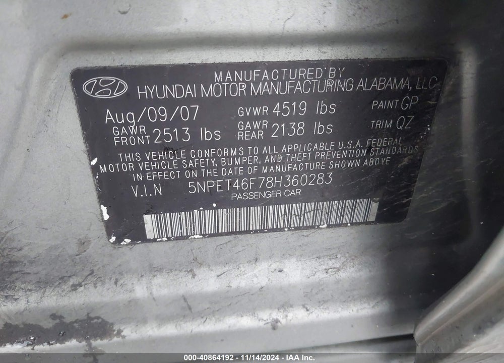 2008 HYUNDAI SONATA GLS V6 VIN: 5NPET46F78H360283