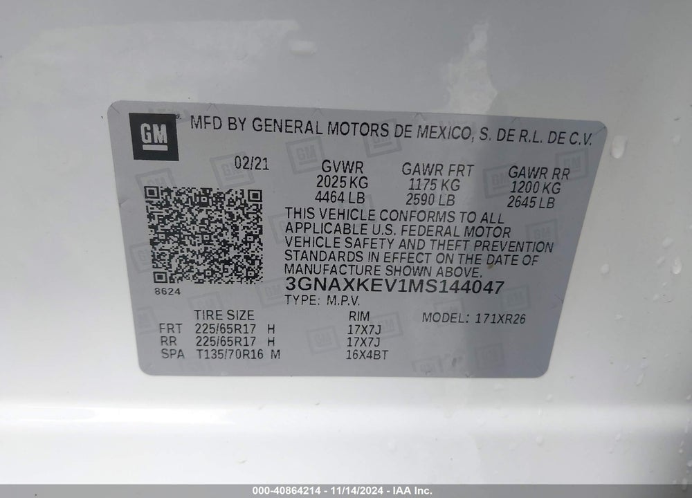 2021 CHEVROLET EQUINOX FWD LT VIN: 3GNAXKEV1MS144047