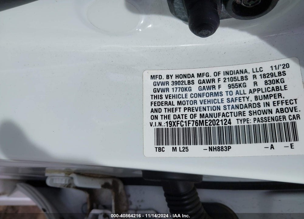 2021 HONDA CIVIC EX-L VIN: 19XFC1F76ME202124