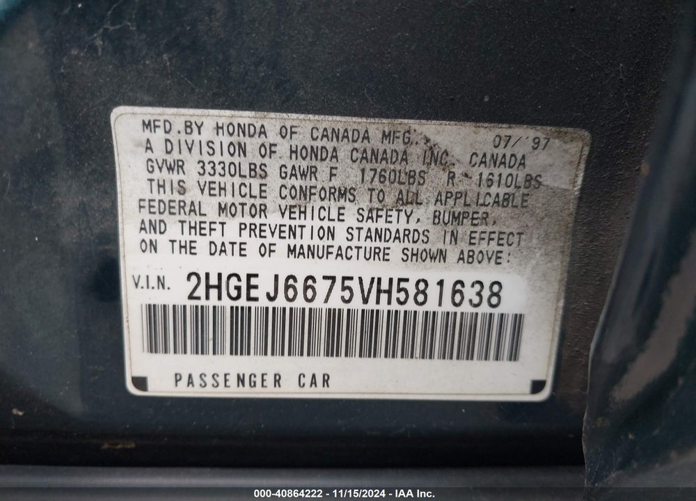 1997 HONDA CIVIC LX VIN: 2HGEJ6675VH581638