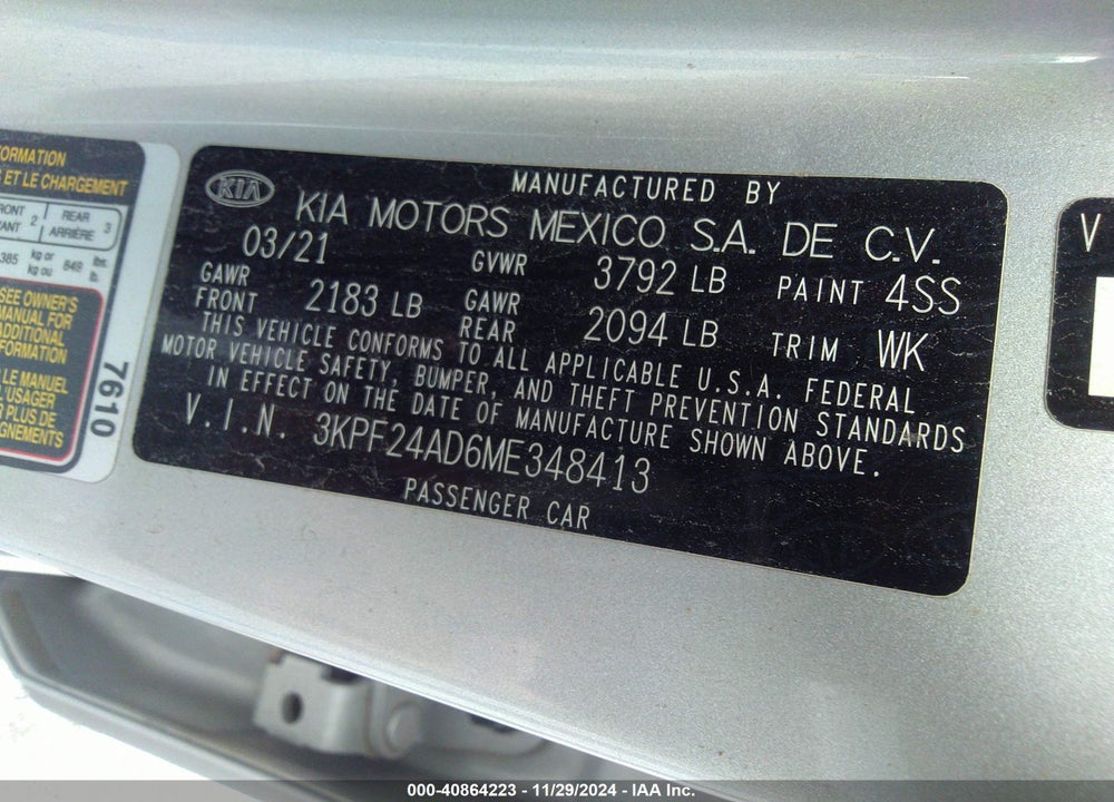 2021 KIA FORTE VIN: 3KPF24AD6ME348413