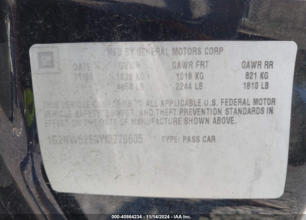 2000 PONTIAC GRAND AM GT VIN: 1G2NW52E9YM770605