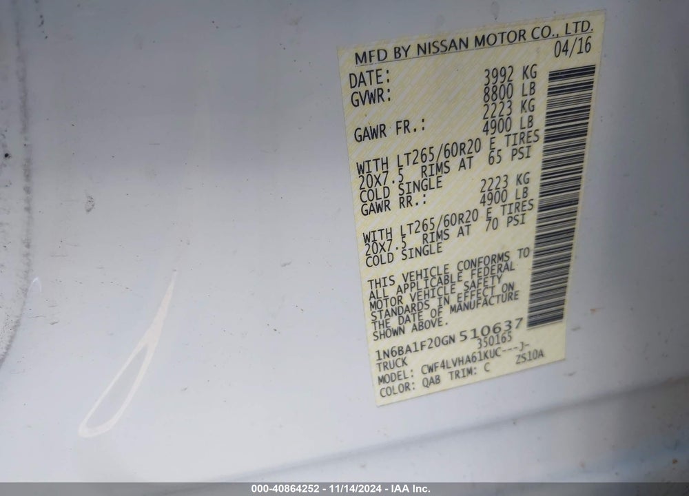 2016 NISSAN TITAN XD SL DIESEL VIN: 1N6BA1F20GN510637