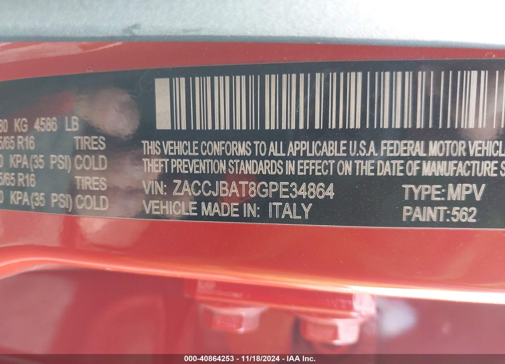 2016 JEEP RENEGADE SPORT VIN: ZACCJBAT8GPE34864