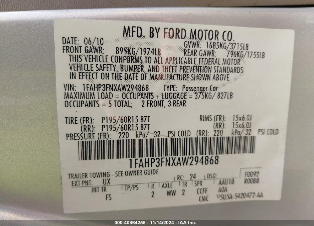 2010 FORD FOCUS SE VIN: 1FAHP3FNXAW294868