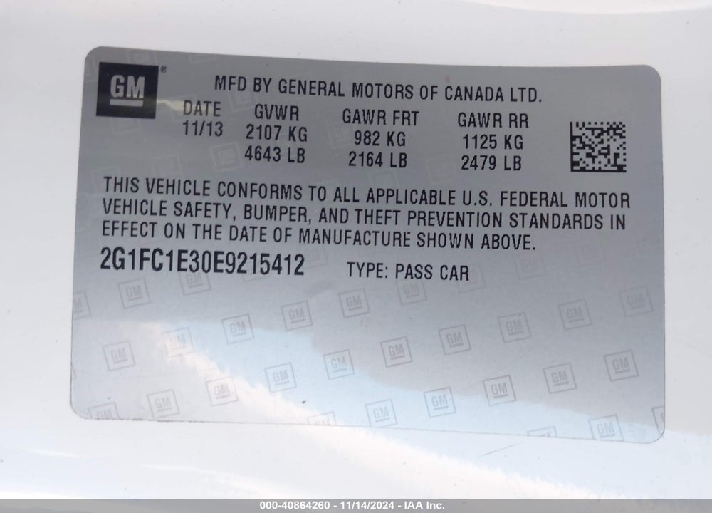 2014 CHEVROLET CAMARO 2LT VIN: 2G1FC1E30E9215412