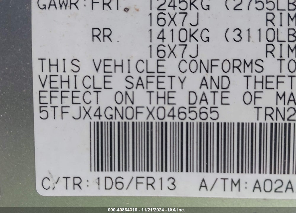 2015 TOYOTA TACOMA PRERUNNER VIN: 5TFJX4GN0FX046565