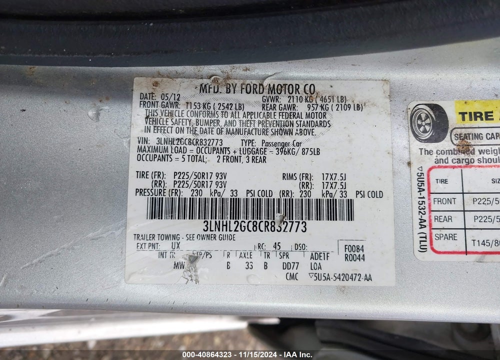 2012 LINCOLN MKZ VIN: 3LNHL2GC8CR832773