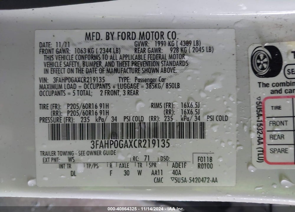 2012 FORD FUSION S VIN: 3FAHP0GAXCR219135