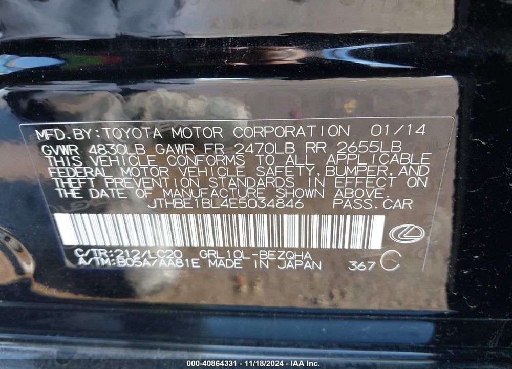 2014 LEXUS GS 350 VIN: JTHBE1BL4E5034846