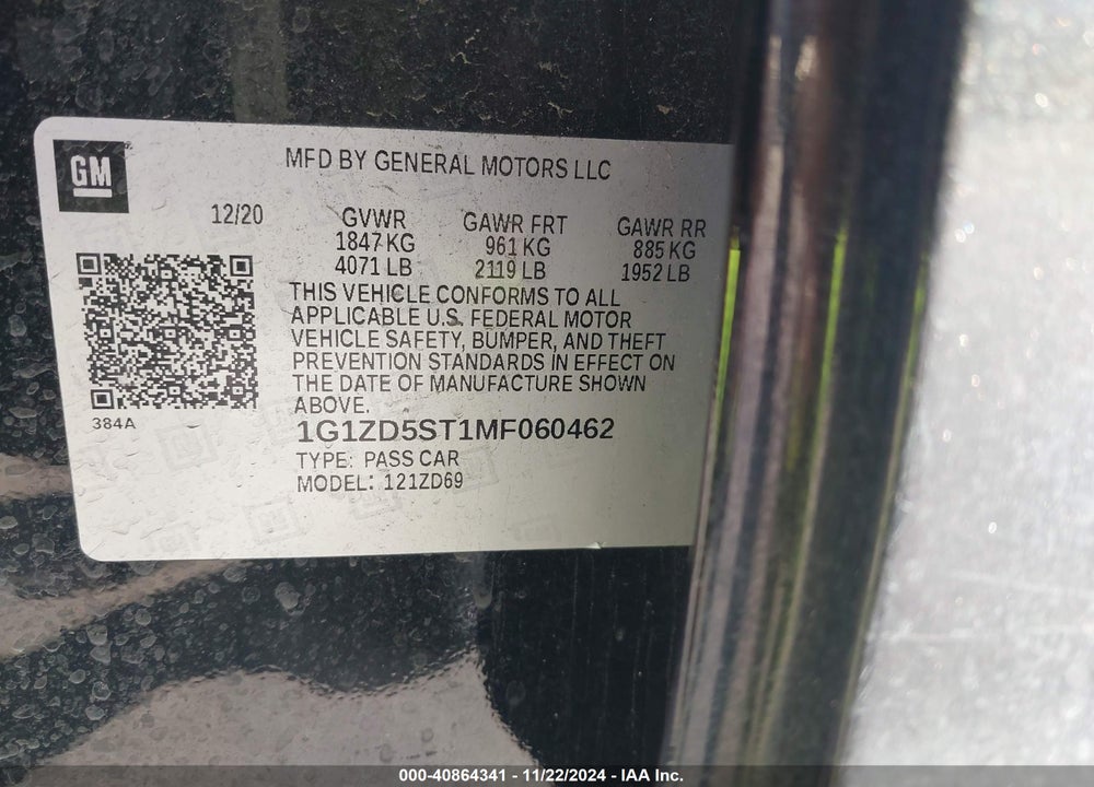 2021 CHEVROLET MALIBU FWD LT VIN: 1G1ZD5ST1MF060462
