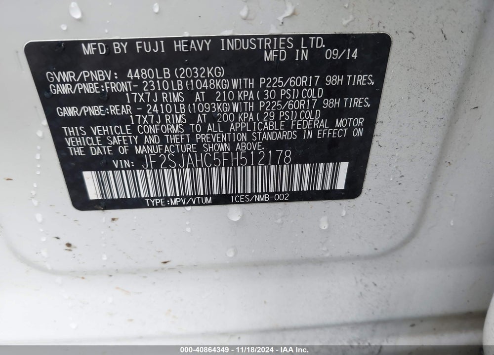 2015 SUBARU FORESTER VIN: JF2SJAHC5FH512178