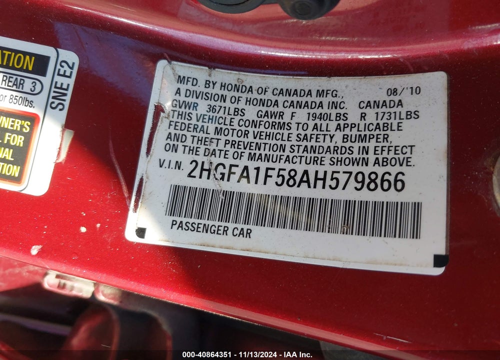 2010 HONDA CIVIC LX VIN: 2HGFA1F58AH579866