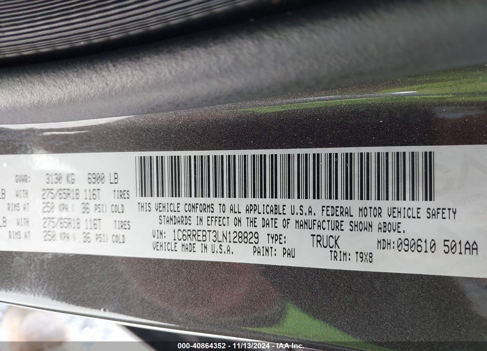 2020 RAM 1500 BIG HORN 4X2 6'4 BOX VIN: 1C6RREBT3LN128829