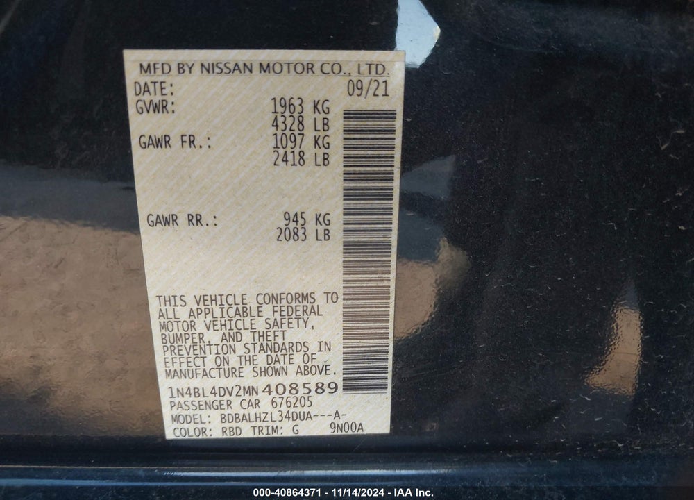 2021 NISSAN ALTIMA SV FWD VIN: 1N4BL4DV2MN408589