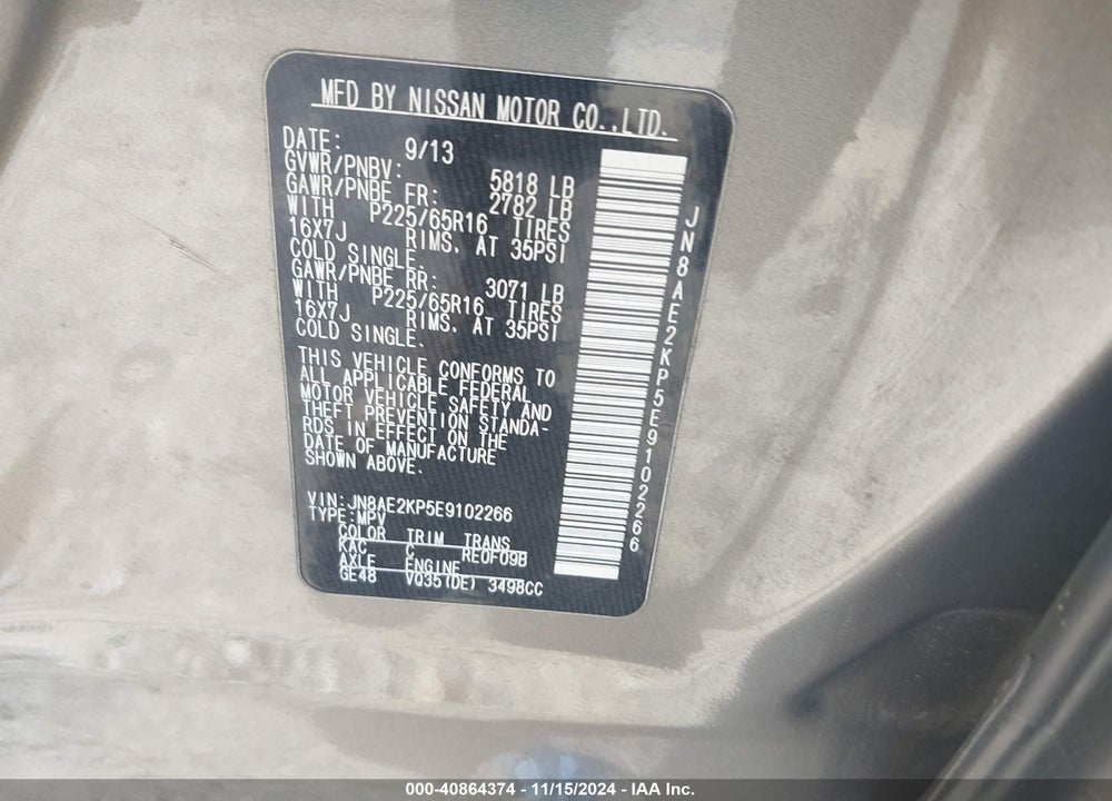 2014 NISSAN QUEST SV VIN: JN8AE2KP5E9102266