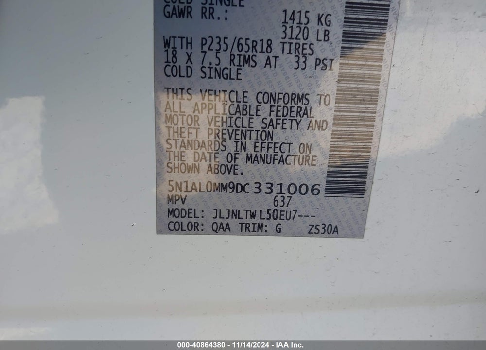 2013 INFINITI JX35 VIN: 5N1AL0MM9DC331006